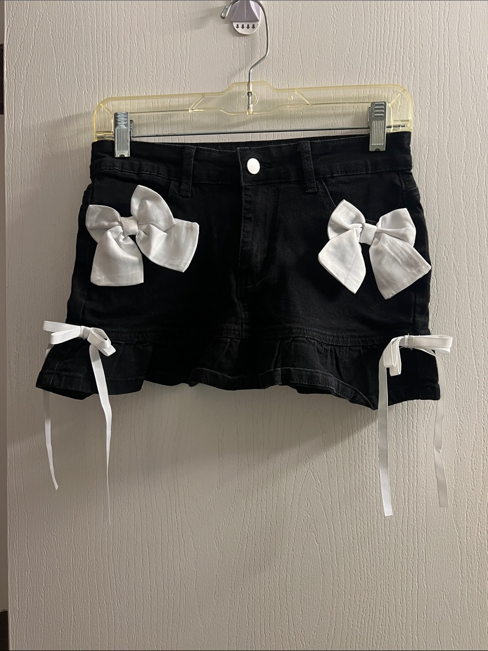 SHEIN Black Denim Shorts with White Bow Accents